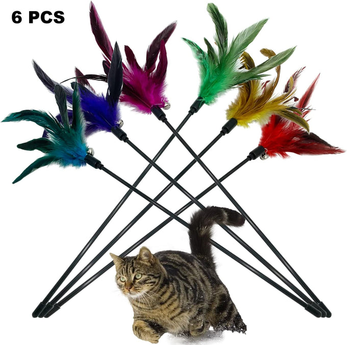 cat wand feather toys set, 6 pieces interactive cat toys for indoor cats, 17.7 in feather stick