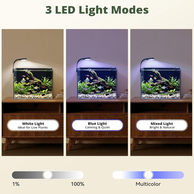 2.5 Gallon Small Fish Tank Aquarium Kit with Ultra-Clear Glass and LED Light for Desktop or Beginner Use