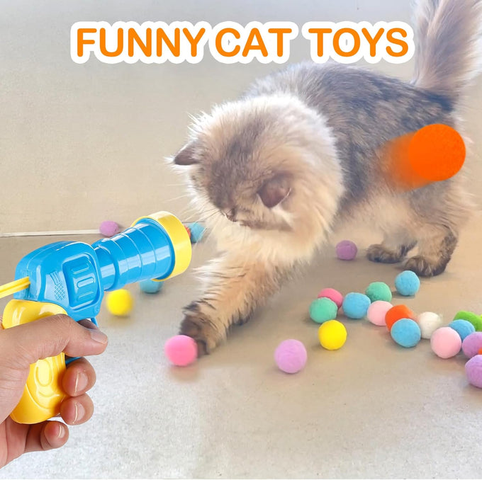 MeoHui 31Pcs Cat Ball Launcher Toy, 1 Gun, 30Pcs Plush Fuzzy Balls for Bored Indoor Cats