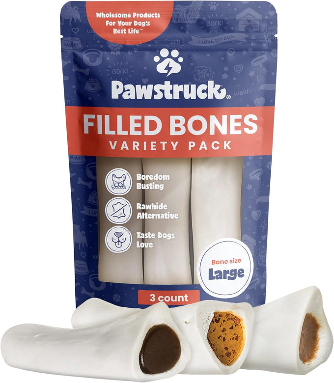 Pawstruck large 5-6’ filled dog bones variety pack - peanut butter, cheese & bacon, beef flavors - made in usa for aggressive chewers