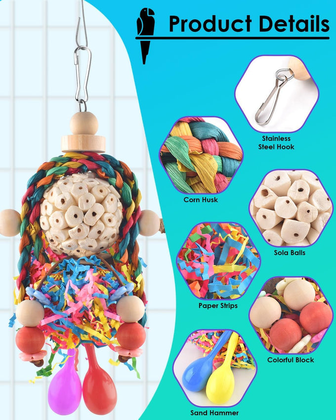 Bissap conure toys, 2pc bird parrot foraging shredder hanging toys with sola balls for small parrots, parakeets, conures, and cockatiels.
