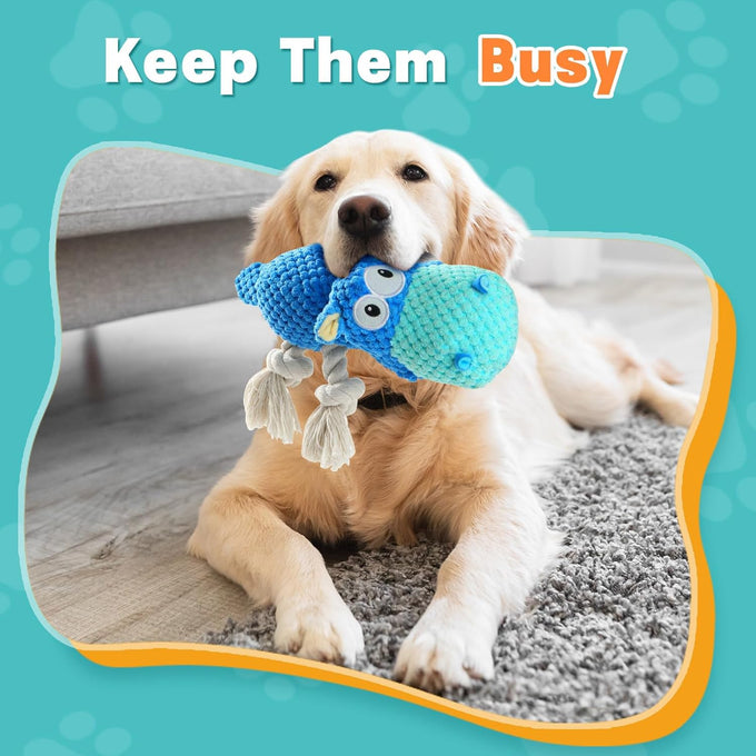 Tooptate blue medium dog toys for aggressive chewers, squeaky plush interactive toys for large dogs