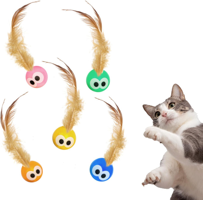 Bouncy Tails 5 Pack Natural Feather Bouncy Ball for Indoor Cats and Kittens Play Toy Set