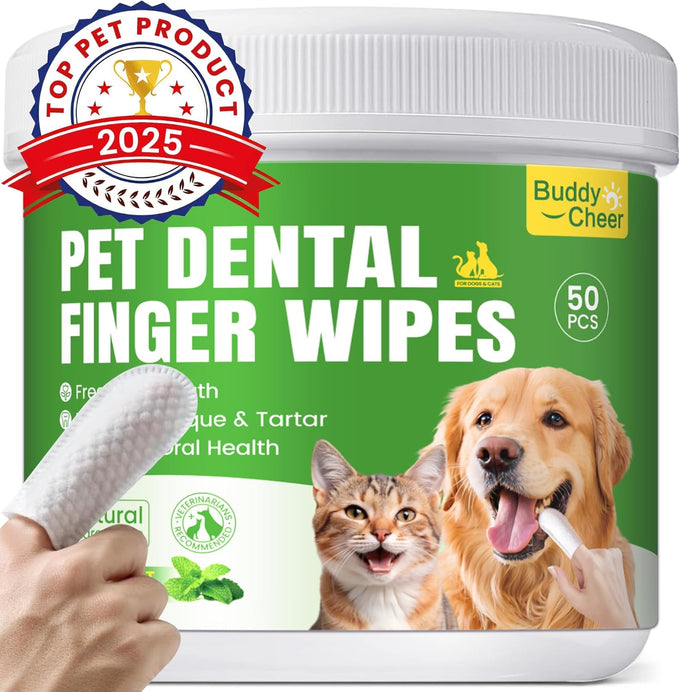 No-Rinse Dog Dental Care Wipes, 50-Count, Safe for Cats & Dogs, Removes Plaque & Tartar, Natural Ingredients, Gentle Finger Wipes