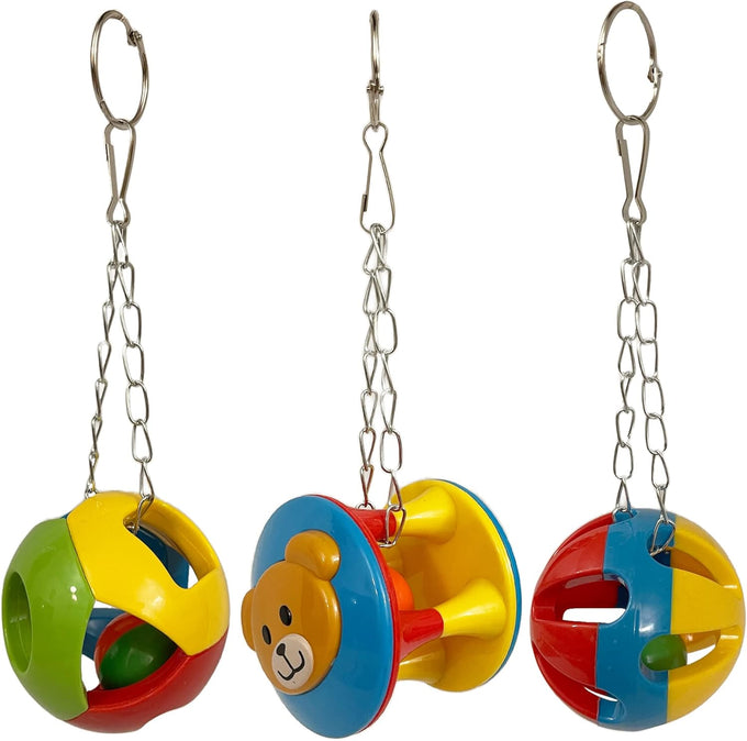 simena parrot ball toy set of 3 for medium to large birds and cats with bpa-free plastic and metal strings