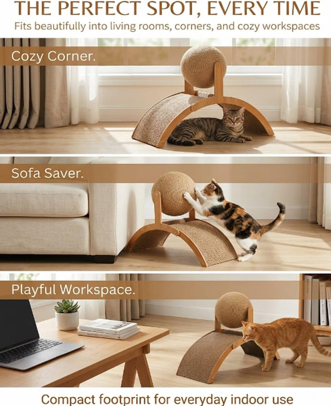 wood cat arch scratching ball on stand with arched bridge and rotating sisal balls for big cats indoor use