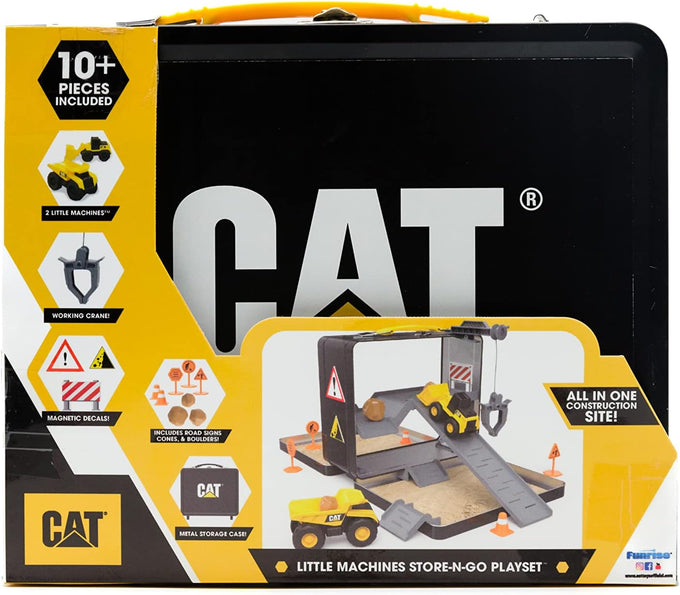 cat construction toys store n go playset tin travel case transforms into multi-level worksite, includes 2 little machines vehicles & 10+ accessories, portable stem toy for kids ages 3+
