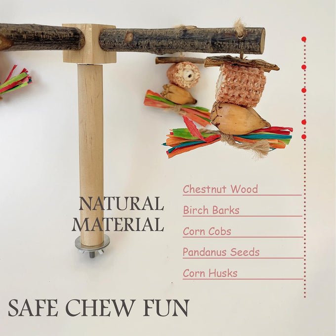 Bird Perch 360° Rotating Wooden Stand with Natural Chew Toys for Small Parrots and Conures