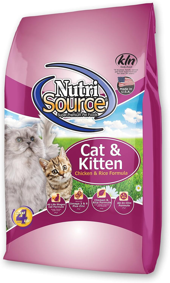 NutriSource grain inclusive dry cat food, 12LB chicken and rice recipe for all life stages