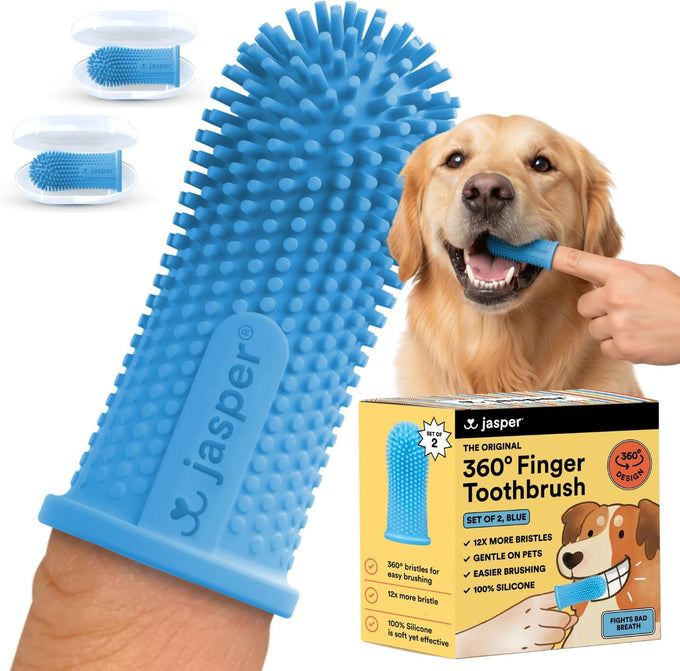 Jasper 360 Dog Tooth Brushing Kit, Finger Toothbrush, 2-Pack Blue for Small & Large Pets