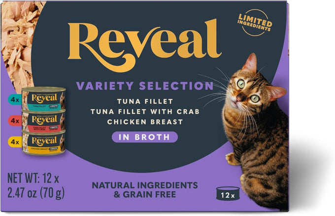 Reveal Natural Wet Canned Cat Food, 3-Flavor Variety Pack, Limited Ingredient, Grain-Free, High Protein with No Artificial Additives, Fish Variety in Broth (12 x 2.47 oz Cans)