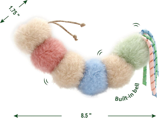 Soft caterpillar kicker for indoor cats, with rattle, ribbon, and catnip, bite resistant, for all ages.