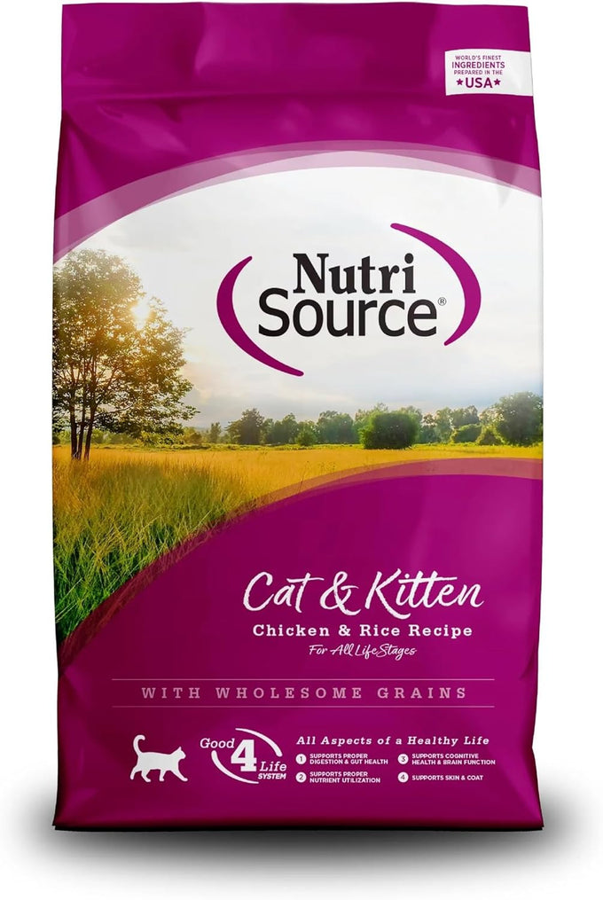 NutriSource grain inclusive dry cat food, 12LB chicken and rice recipe for all life stages