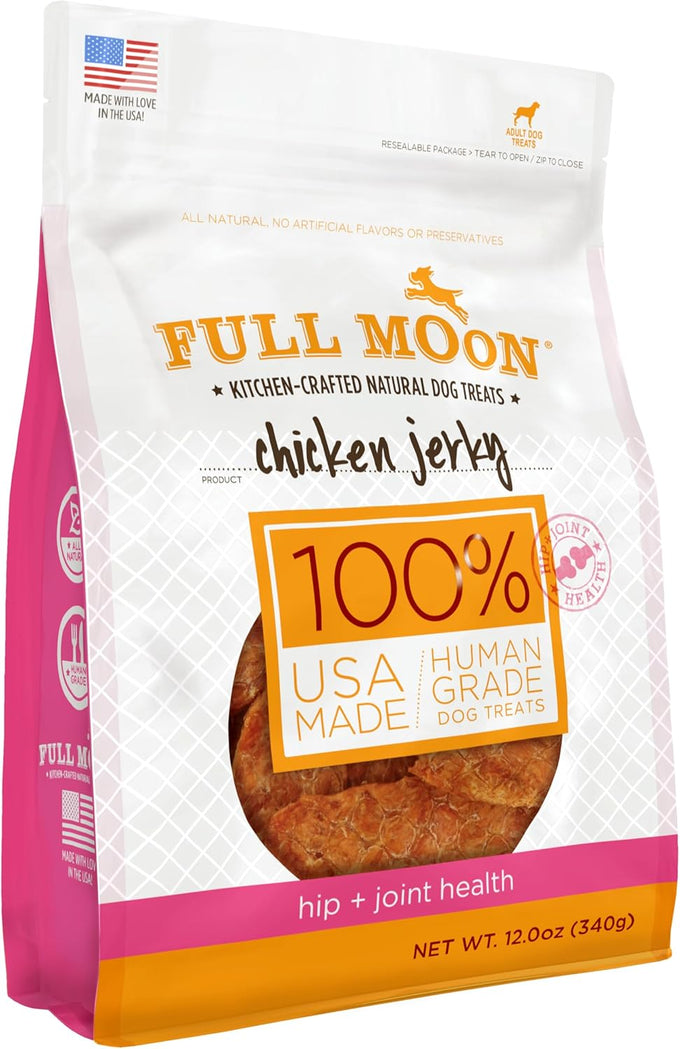 Human-grade, all-natural, full-moon chicken jerky dog treats for hip and joint health, 12 oz, made in the USA