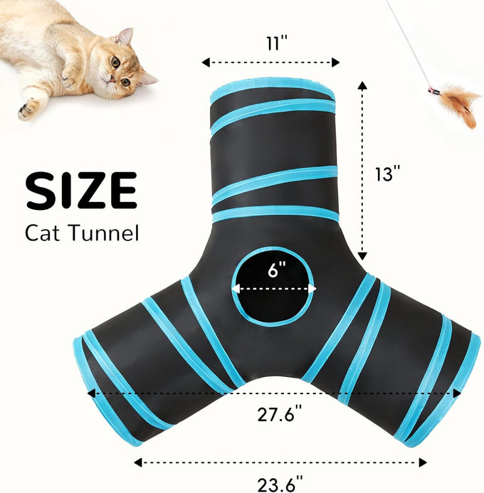 Tempcore 3-way collapsible cat tunnel for indoor cats, kittens, and small pets with peek hole and ball toy