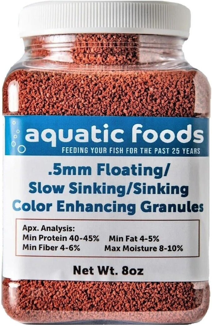 .5mm floating/slow sinking/sinking color enhancing micro granules for tropical fish and koi 8oz small jar by aquatic foods & blackworm co.