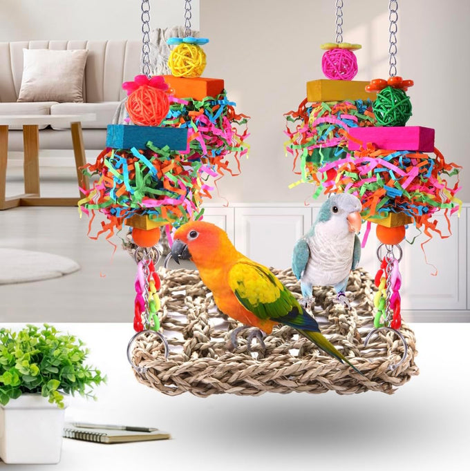 Parakeet bird toys, birdcage stands, and wall seagrass hammocks for lovebirds, cockatiel, budgie, and other small to medium-sized birds