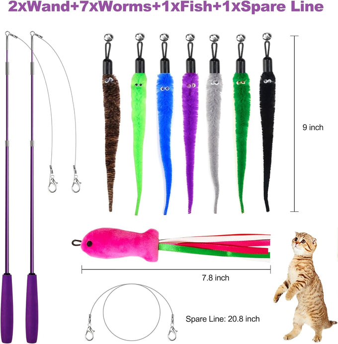 cat toys for indoor cats, 11pcs interactive cat toy wand pack, 2 retractable cat wand & 7pcs worm teaser refills for playful exercise