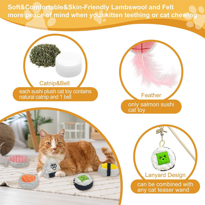 5pcs cute sushi plush catnip toys with bell and feathers for indoor cat boredom relief