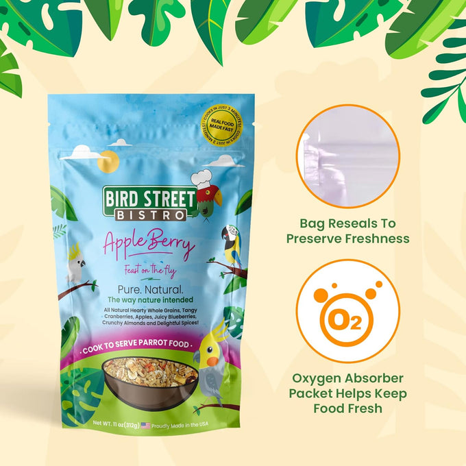 Bird Street Bistro Parrot Food - Parakeet & Cockatiel Food - 4 Natural Flavors, 3-15 Min Cooking Time, Wholesome Grains & Non-Gmo Fruits
