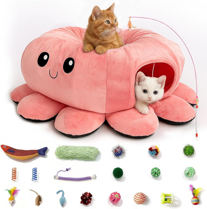 Cat Octopus Tunnel Bed with 20 Toys, Collapsible Indoor Cat Playhouse for Kittens, Machine Washable Cushion