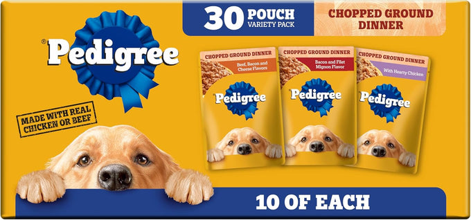 Pedigree Chopped Ground Dinner Wet Dog Food Pouches, 3.5 oz, 30 Count