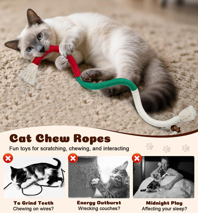 Cat Chew Ropes 4Pcs for Indoor Cats with Refillable Natural Catnip and Soft Cotton Rope Design