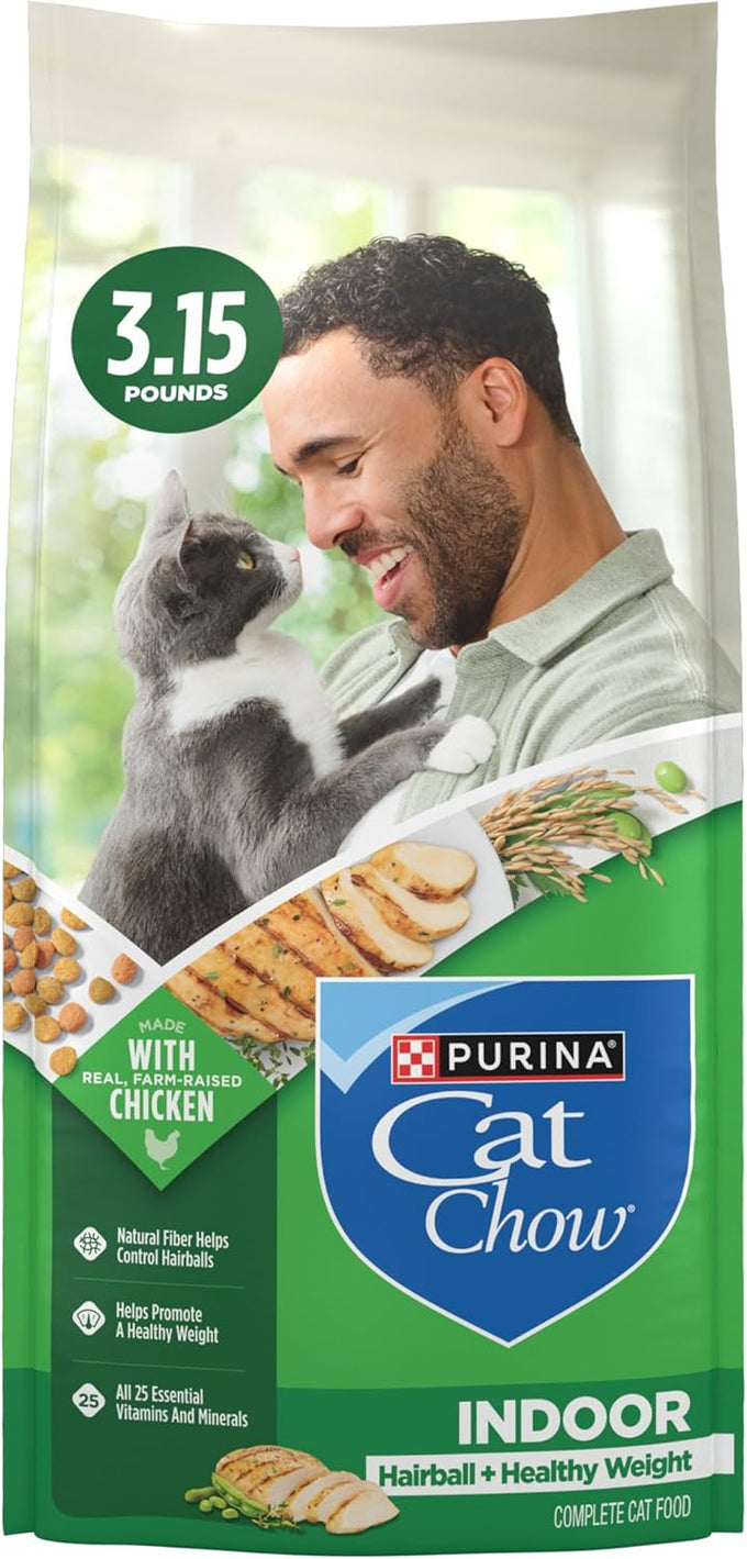 Purina Cat Chow Indoor Healthy Weight with Chicken, Farm-Raised Chicken, Omega-6 Fatty Acids, 3.15 lb. Bags, Pack of 4