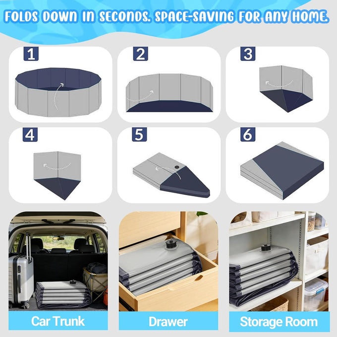Foldable Gray Kiddie Pool with Hard Plastic Non-Slip Thickened Bottom for Small Medium Large Dogs and Kids