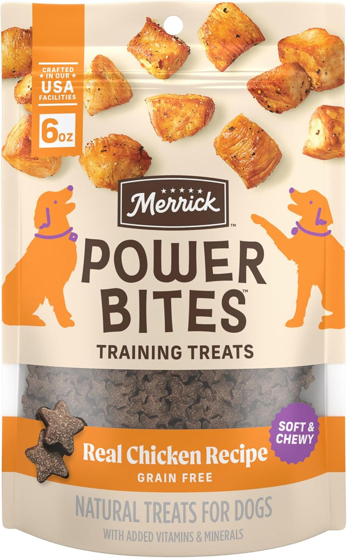 Merrick Power Bites Soft & Chewy Dog Treats with Real Deboned Chicken, Grain-Free Recipe, Fortified with Omega Fatty Acids and Minerals, Star-Shaped for Training, 6 oz Resealable Bag