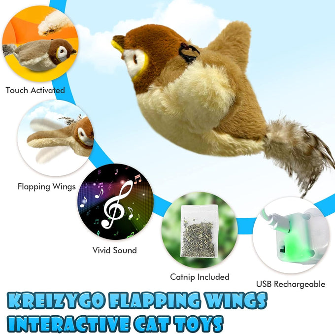 Flapping Wings Sparrow Catnip Toy, Touch Activated, Rechargeable, Chirping Bird Interactive Toy for Kittens and Small Dogs