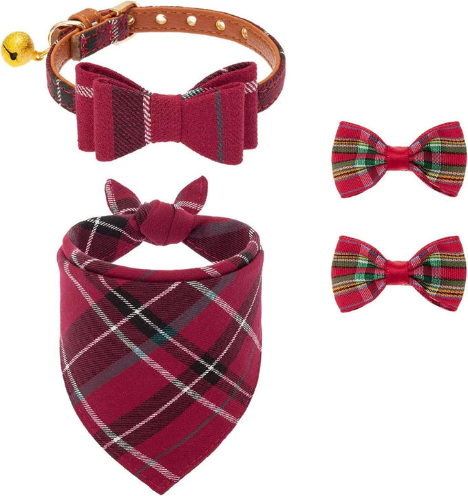 PupTecK 3-Pack Adjustable Soft Leather Dog Collar and Leash Set with Bow Tie and Bells, Black & White Checkered, Small Dogs and Cats Accessories