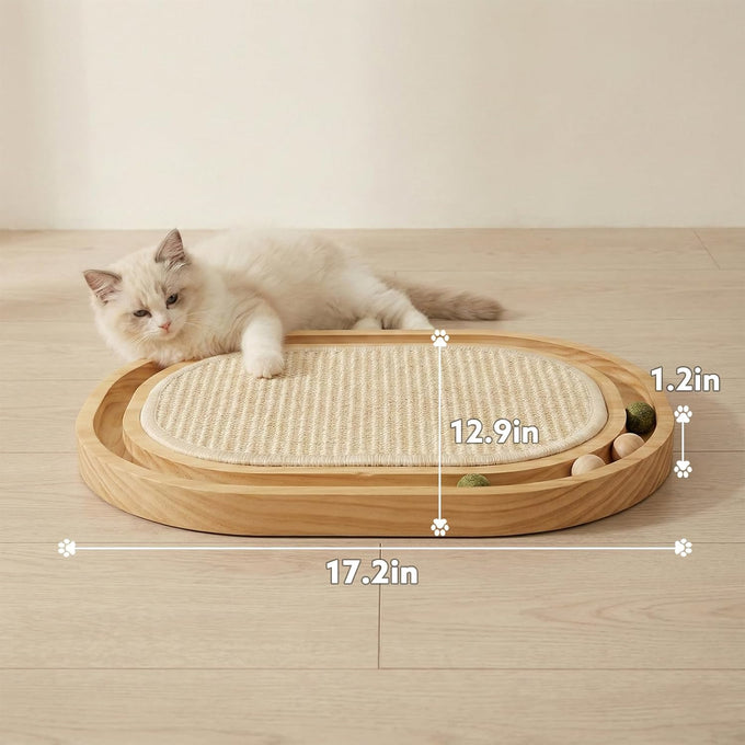 Natural Sisal cat scratcher with ball track, wooden base for indoor kittens and medium cats
