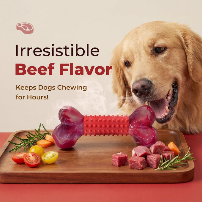 Red, Beef Flavored, Long Lasting Dog Bones for Large Dogs with Nylon Core and Rubber Sleeve, Suitable for Medium & Large Breed