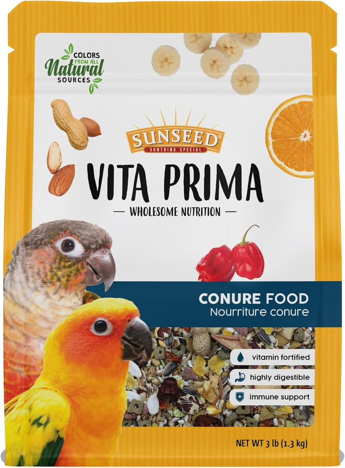 Sunseed Vita Prima conure food - 3 lb bag - nutrient-rich blend with fruits, seeds, and vegetables for healthy feathers and energy