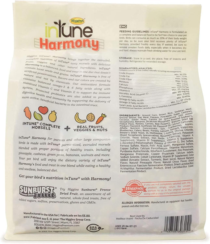 Higgins 2 pack of Intune Harmony Food for Parrots and Large Birds, 3 pounds each, USA made with healthy ingredients