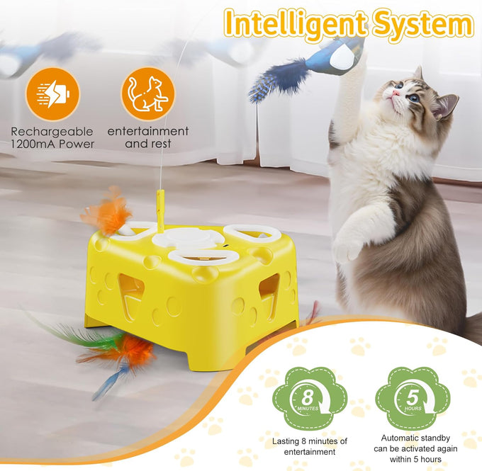 Cheese-Shaped Interactive Cat Toy with USB Rechargeable Electronic Feather Toy for Indoor Cats and Kittens 6-Hole Mole & Rotating Feather