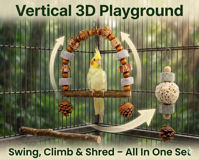 2 Pack Natural Bird Toys Set Arch Wood Swing Sola Ball, Cage Accessories for Cockatiel Conure Parakeets