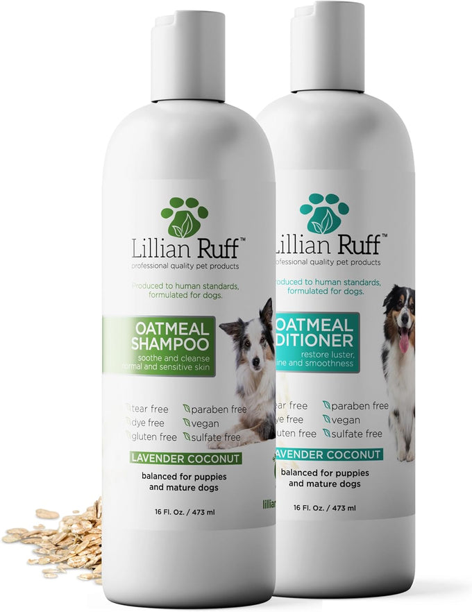 Lillian Ruff Pro oatmeal dog shampoo for dry skin, itching & allergies, 16oz with brush, made in USA, non-toxic, natural ingredients