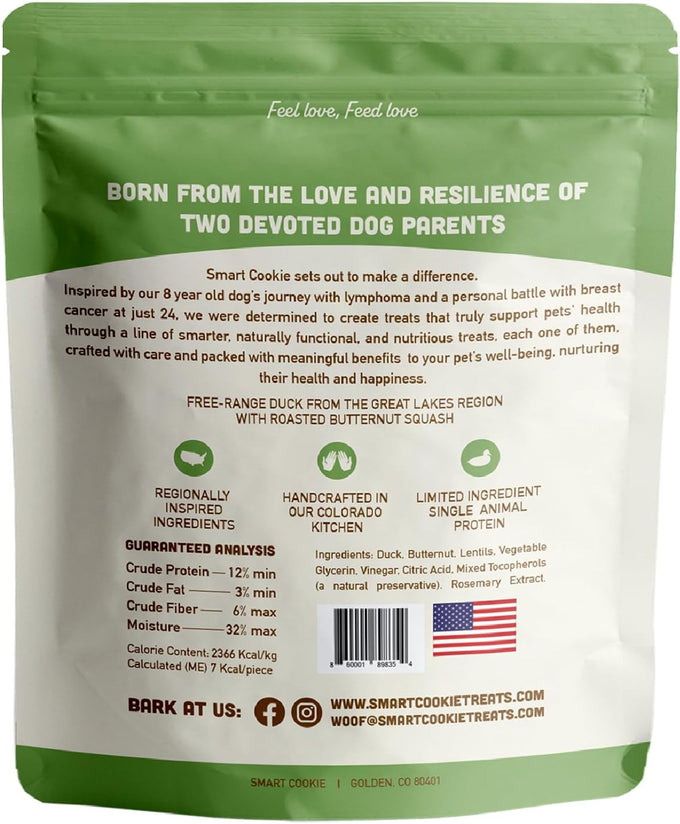 Smart Cookie All Natural Soft Dog Treats: Duck & Squash Grain Free Training Treats, Human-Grade, Made in USA, 5oz Bag