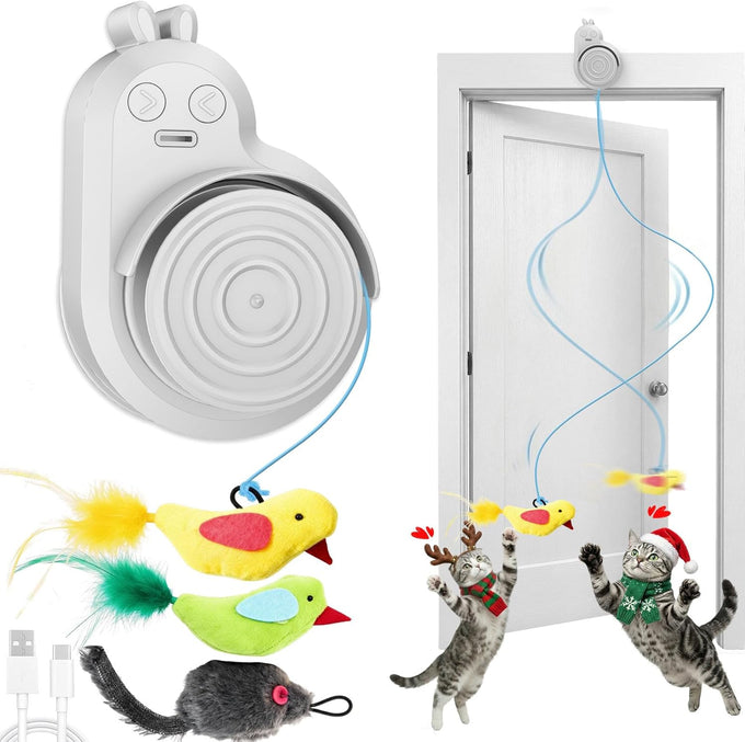 Automatic Flying Bird Feather & Mouse Wand Cat Toy for Indoor Cats, Hands-Free USB-Rechargeable Safe Play Chase Exercise