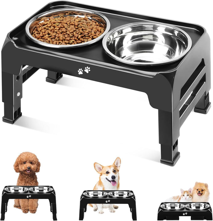 Comeso Elevated Dog Bowls for Small Medium Dogs with 3-Height Adjustable Stand and 2 Stainless Steel Bowls, Black