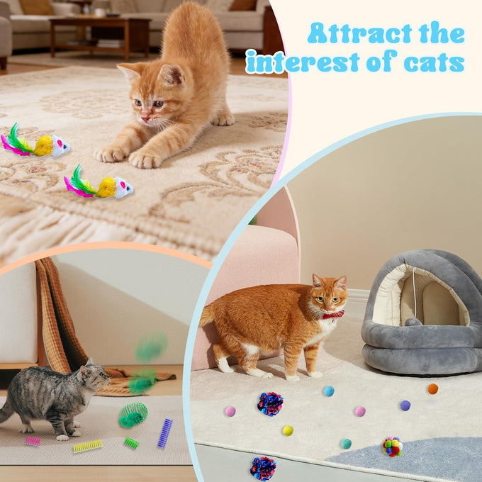 27-piece indoor cat toy set with plush balls, spring mice, and crinkle balls for boredom relief and self play