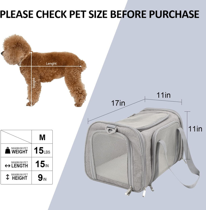 Henkelion grey cat carrier for small to medium pets up to 15lbs, TSA airline approved, soft sided, collapsible, waterproof