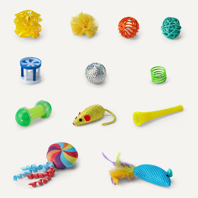 Amazon Basics 20-piece cat toy variety pack for kittens and cats, includes teaser, ball, feather, spring