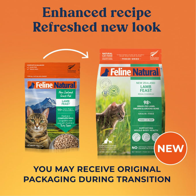 Feline Natural High Protein Freeze-Dried Lamb Cat Food, 98% Meat, No Peas, Grains, or Artificial Additives, New Zealand, 11oz