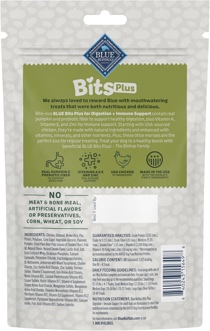 Blue Buffalo Blue Bits Plus Daily Benefit Dog Treats, Soft & Chewy Chicken and Pumpkin Morsels, 9.5-oz Bag, Formulated for Digestion & Immune Support
