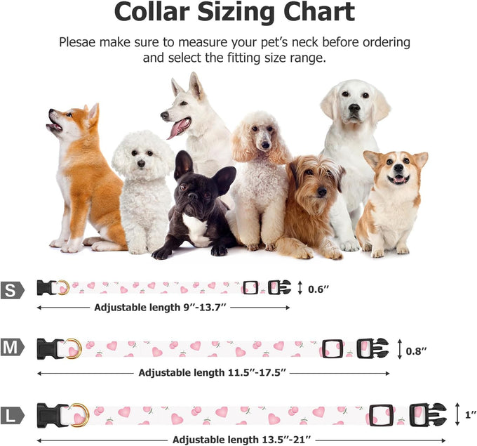 Cotton Handmade Dog Collar - White and Pink Love Heart Pattern - Adjustable - Safe for Girl and Boy Dogs