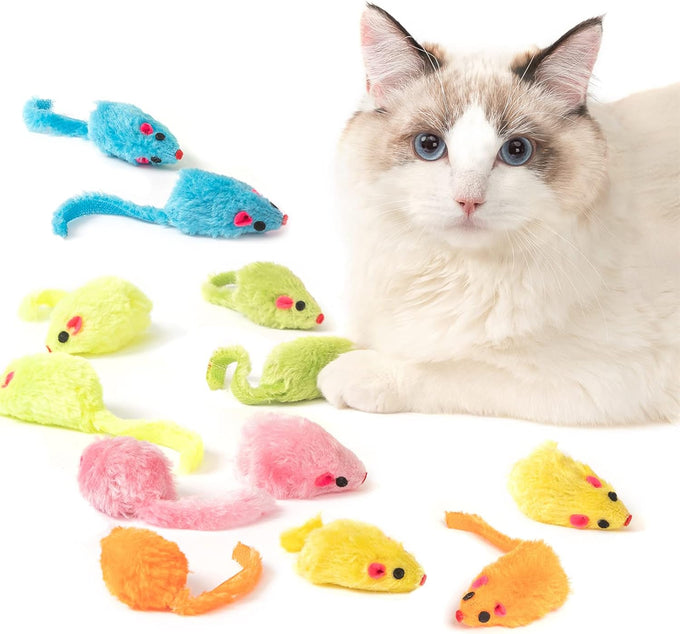 meohui 12pcs rattle cat mouse toys with faux fur, 2.36" mice body size, prefilled catnip for indoor cats play