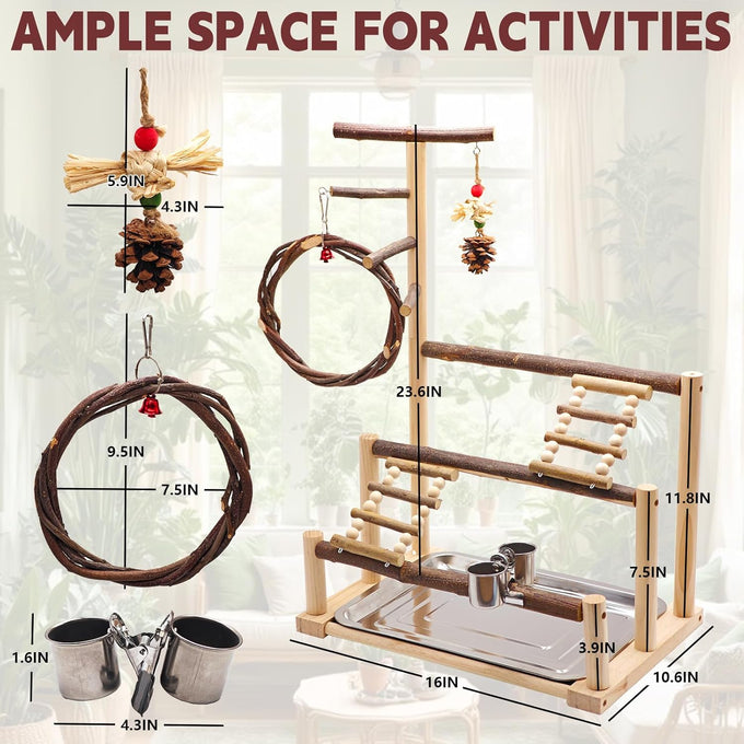 Natural Wooden Parrot Stand for Small to Medium Birds, 16.3" x 10.6" x 23.2", Chestnut Wood, Easy Assembly